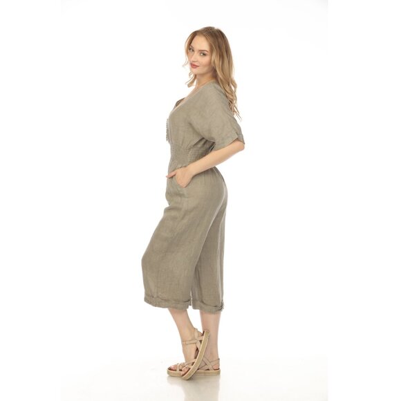 Taupe Half Sleeves Elastic Waist Jumpsuit - Picture 2 of 6